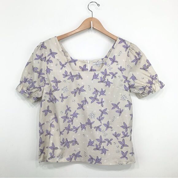 Senlis Anthropologie 100% Cotton Purple Cream Floral Puff Sleeve Blouse - Picture 1 of 15